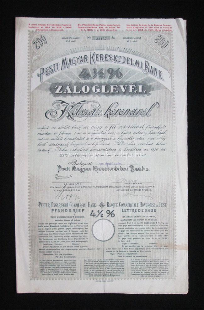 Pesti Magyar Kereskedelmi Bank záloglevél 200 korona 1911 -i-
